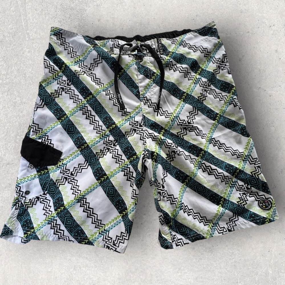 Maui‎ and Sons Board Shorts Men's 38 White Geometric Tribal Swim Trunks
